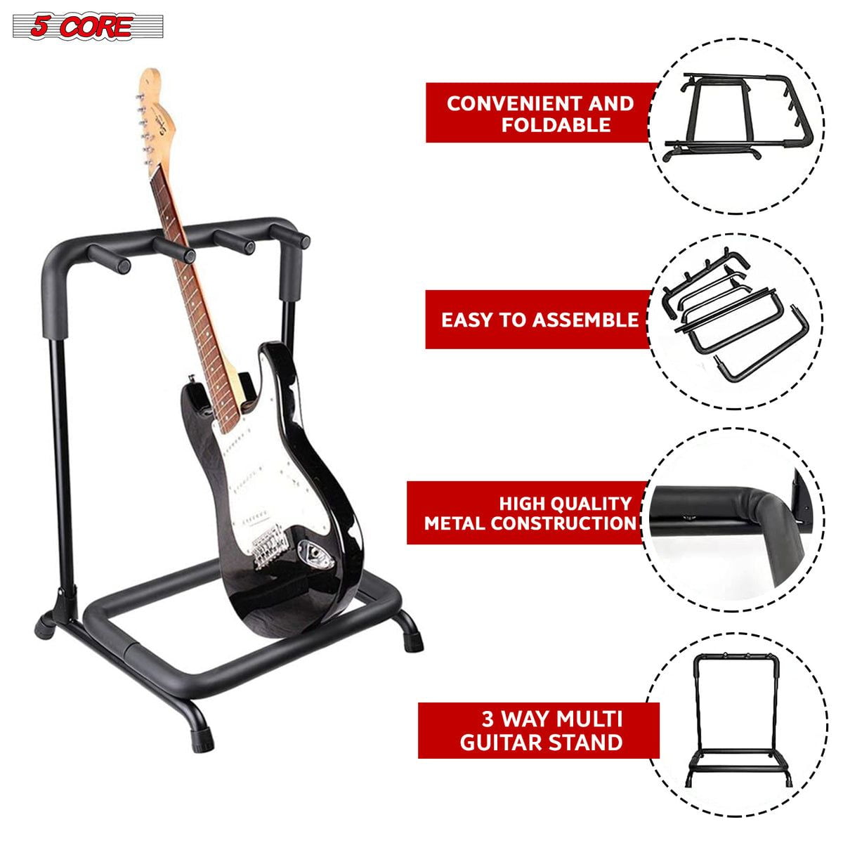 Guitar Rack 3 Slot Multi Guitar Stand Triple Display Floor Stand Safe Storage Foldable Portable for Electric Acoustic Flying V Guitars - GRack 3N1