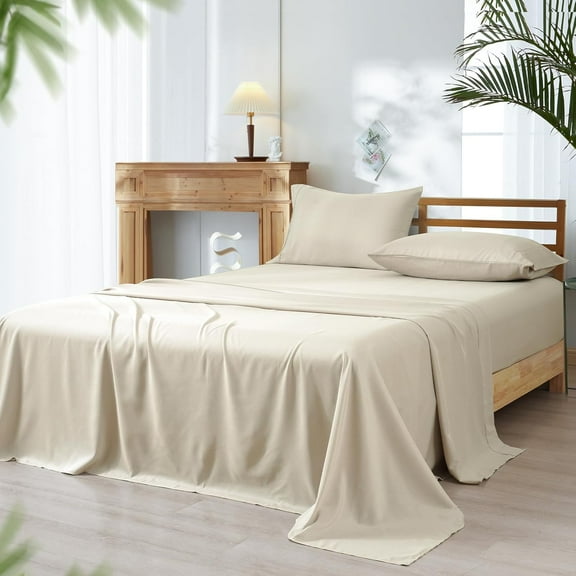 PHF Bamboo Bed Sheet Sets, 4 Pieces King Silky Soft Bedding Sheets, 1800 Thread Count 16 Inch Deep Pockets, Natural