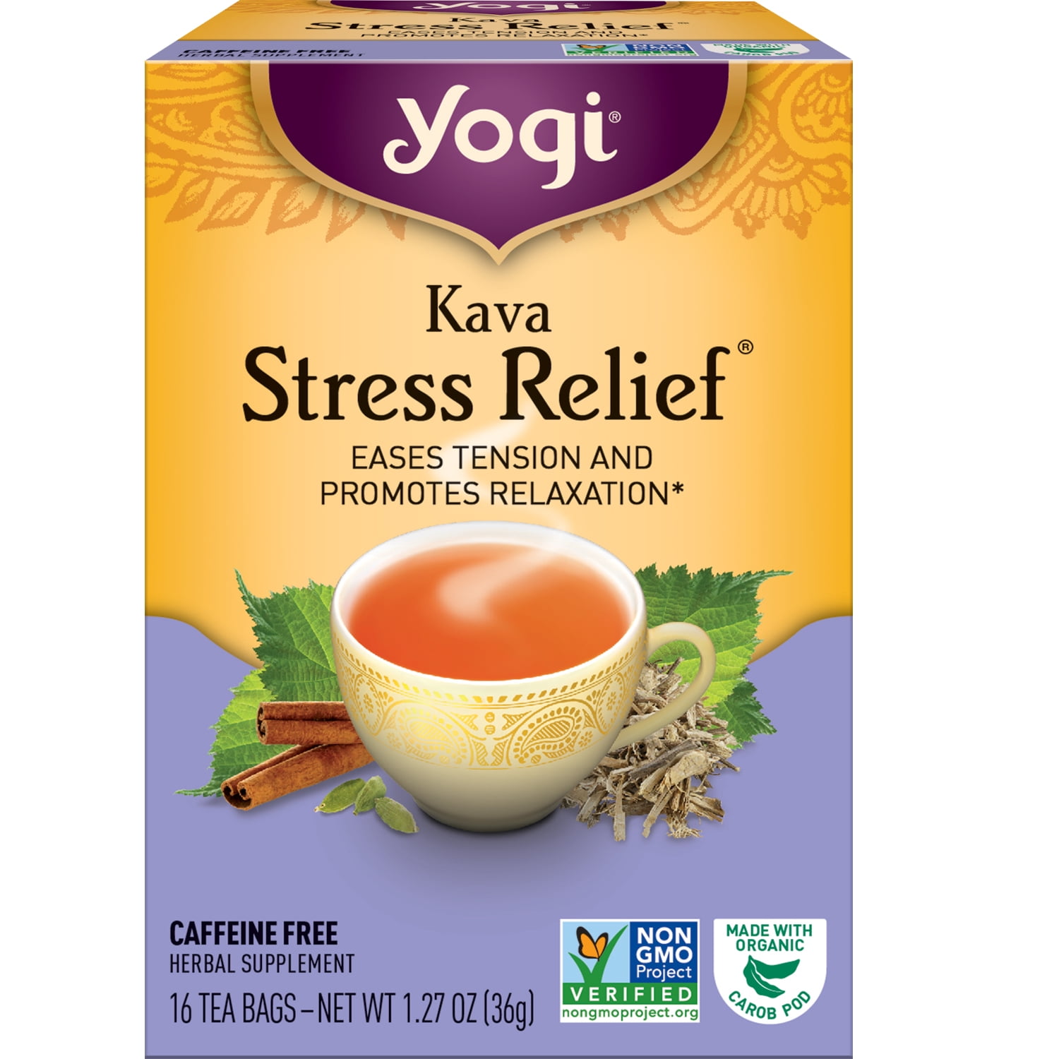 Yogi Tea Kava Stress Relief, Caffeine-Free Herbal Tea, Wellness Tea Bags, 1 Box of 16