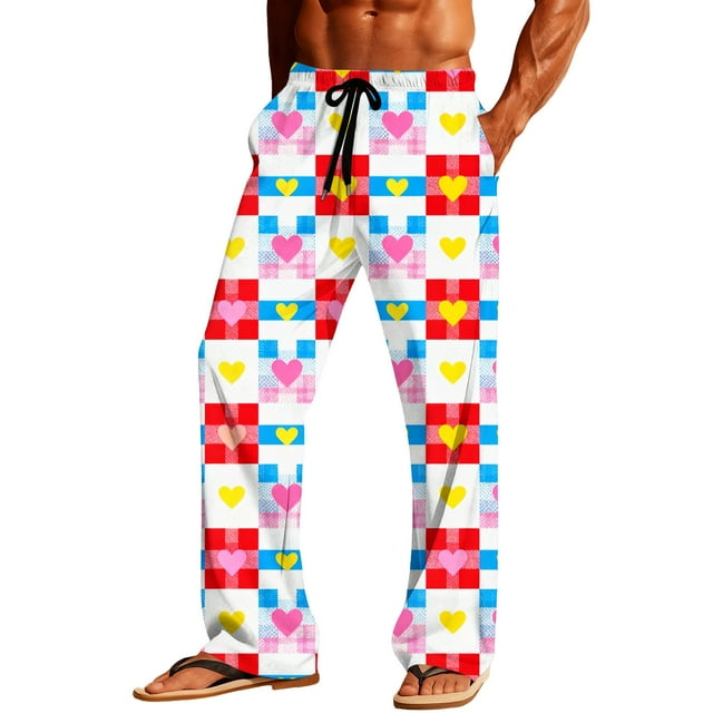 Ceisia Mens Pajamas Pants Valentine's Day Couple Unisex Hearts Print Plaid Lounge With Pockets Sleep Bottoms White XL Gift
