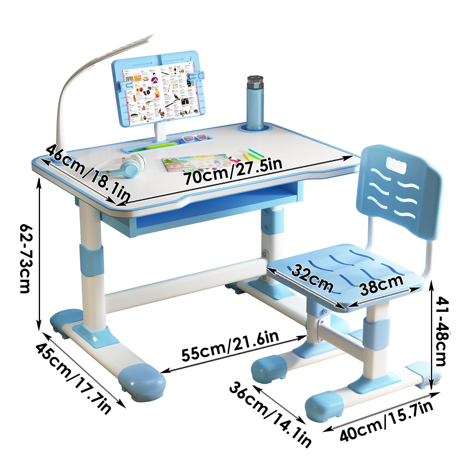 XiHe Kids' Adjustable Table and Chair Set, Activity Desk with USB Lamp, Storage Drawer for Study, Activities, Arts, or Crafts, Blue and White