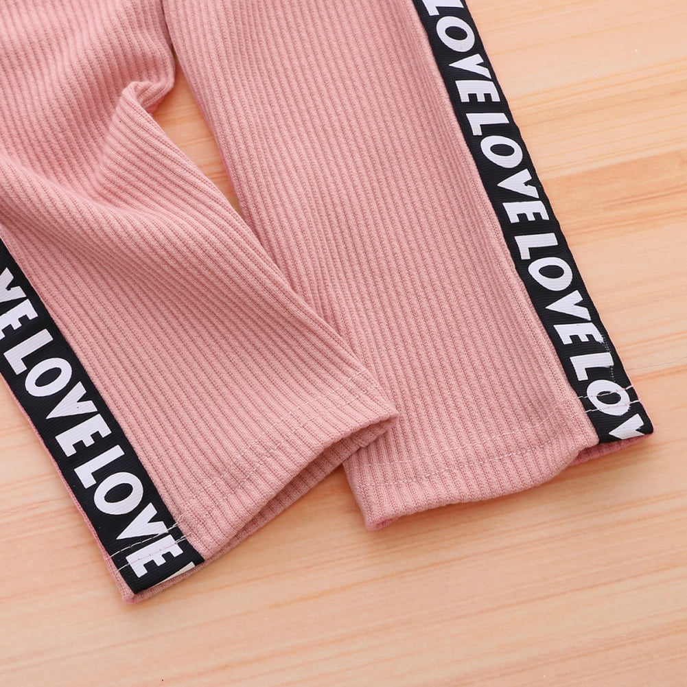 2-piece Kid Girl Letter Print Ribbed Long-sleeve Crop Top and Solid Paperbag Pants Set