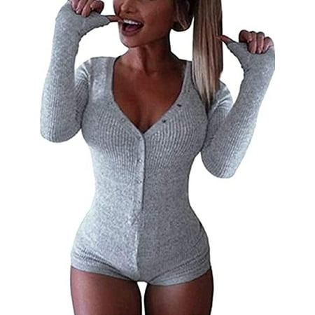 

PDYLZWZY Women Long Sleeve Deep V Neck Bodysuit Leotard Top Short Romper Pajamas Jumpsuit Overalls