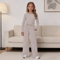 thumbnail image 5 of KVPLBQFD Girls 2 Piece Long Sleeve Fitted Basic Tees + Wide Leg Pant Outfits Kids Fall Fashion School Outfits Teens Y2k Sports Clothes 2026, 5 of 6