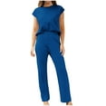 thumbnail image 2 of Women's Plus Size Two Piece Casual Sets Round Neck Cap Sleeve Tops with High Waist Straight Leg Pants Solid Trendy Sets Blue,XL, 2 of 5
