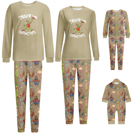 

Family Christmas Pajamas The Grinch Khaki Print Sizes Baby-Kids-Adult-Pet 2-Piece Top and Pants Bodysuits Unisex Pajamas Set