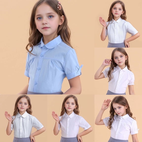 RTKFRFLM Girls White Short Sleeve Uniform Shirt Kids Classic School Blouse Top for Summer Formal Performance White Shirt for Little & Big Girls Professional Student Schoolwear Tee