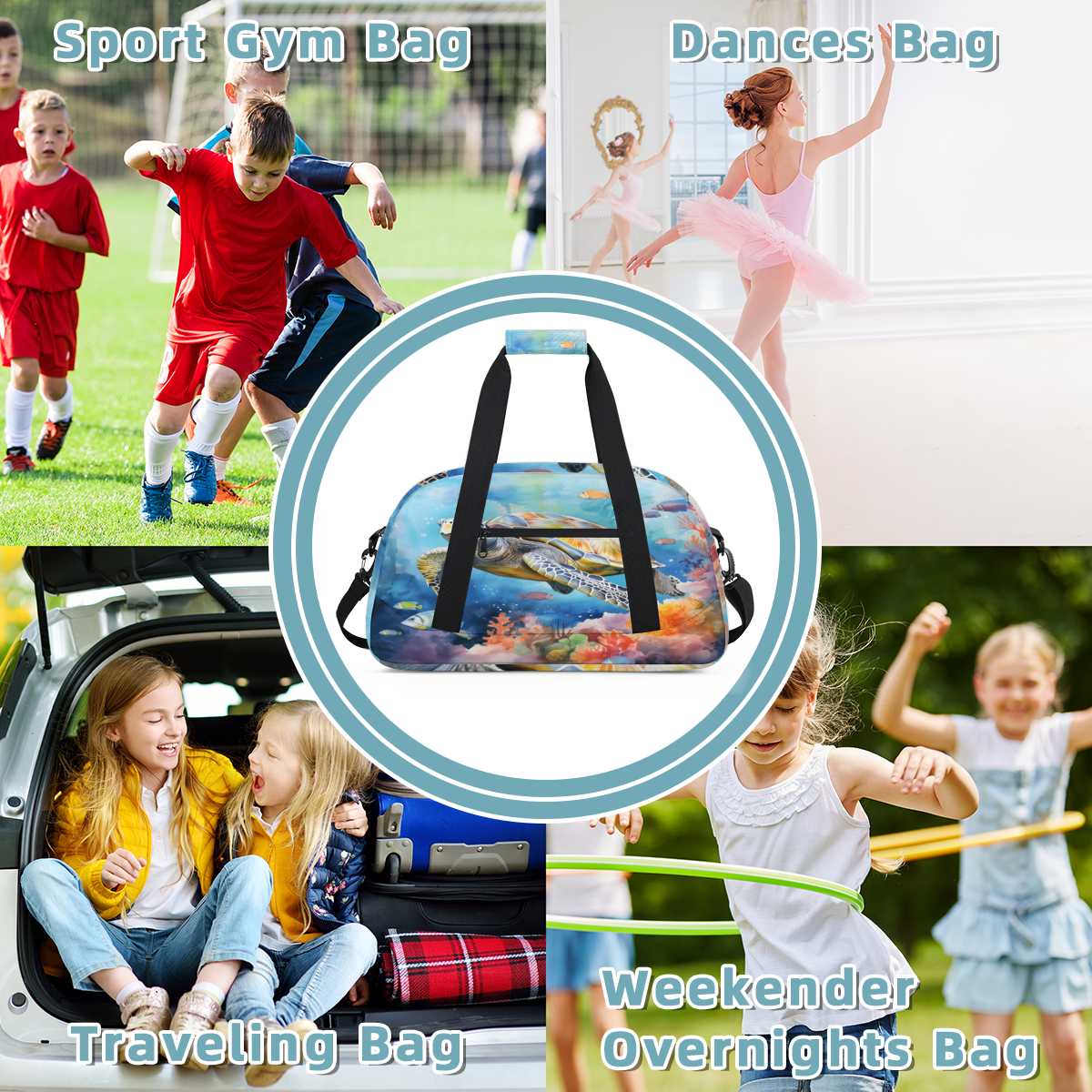 Herdesigns Sea Turtle Theme Sports Duffle Bag for Women & Men, Gym Bag Dance Bag Overnight Bag Carry On Weekender Travel Bag