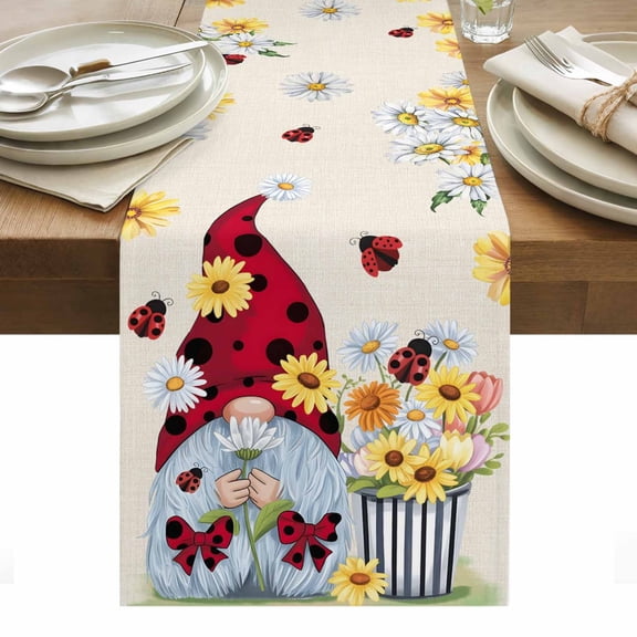 Beige Gnomes Daisy Table Runner - 70 Inch Long, Kitchen Dining Table Runner Dresser Scarves, Pastoral Country Garden Floral Farmhouse Decor for Coffee Tables Wedding Party Banquet