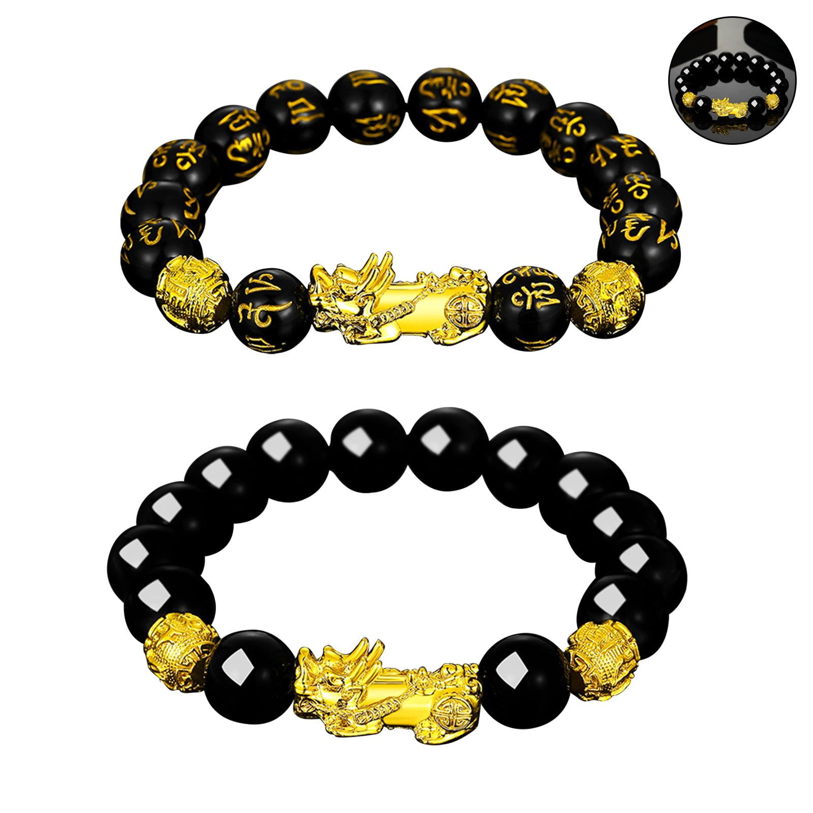 Feng Shui Black Obsidian Pixiu|Om mani Bracelet Wealth Good Luck Dragon  with Double Gold Plated Pi Xiu/Pi Yao Attract Luck and Wealth 12mm beads  size