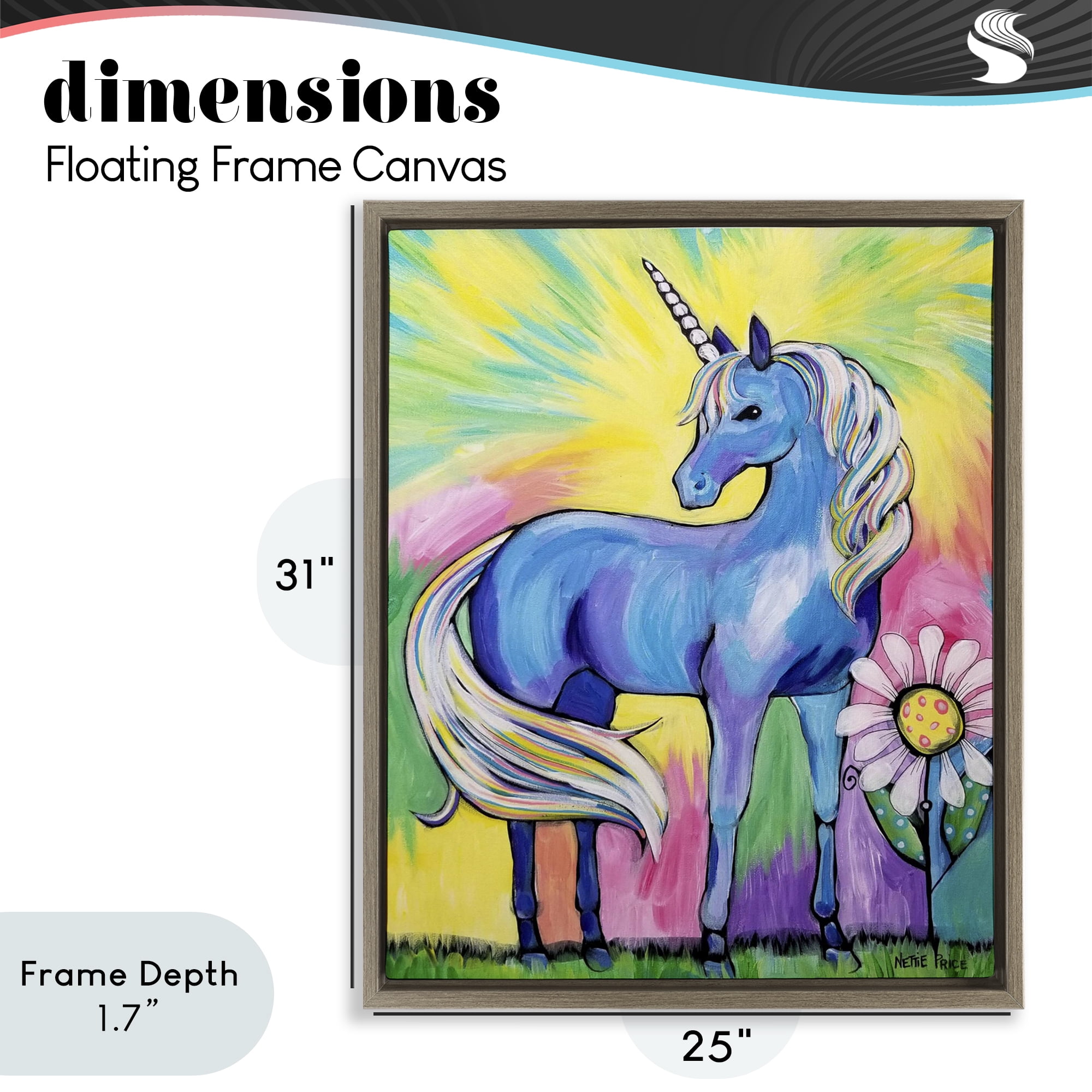 Stupell Industries Magical Unicorn in Rainbow Meadow Brown Framed Floater Canvas Wall Art, design by Nettie Price