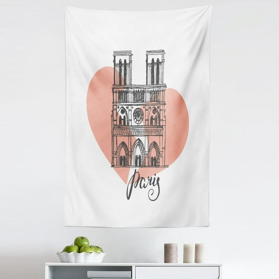 Notre Dame de Paris Tapestry, Art Illustration of French Building with Broken Heart, Fabric Wall Hanging Decor for Bedroom Living Room Dorm, 5 Sizes, Blush and Charcoal Grey, by Ambesonne