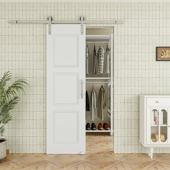 24" x 80" 3-Lite Waterproof White Primed Solid Core Composite MDF Wood Sliding Barn Door With Hardware Kit