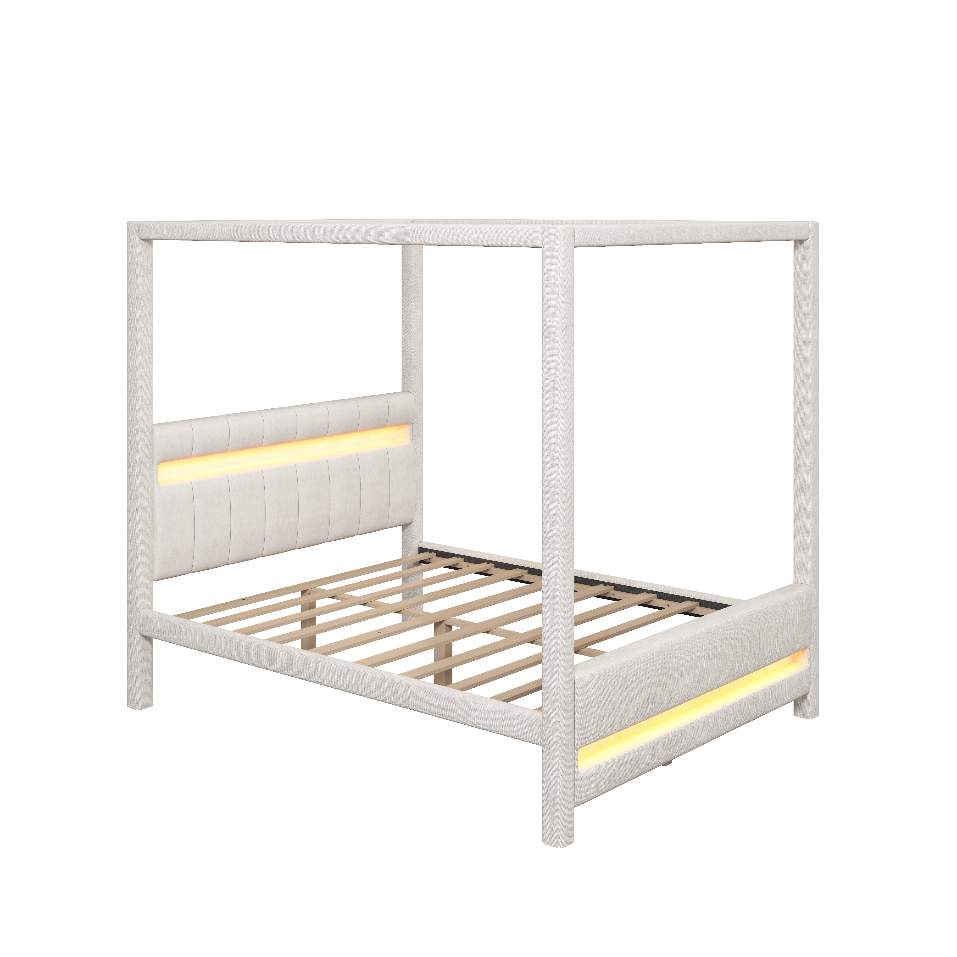 Euroco Upholstery Queen Size Canopy Bed with LED Light, No Box Spring Needed Platform Bed, Beige