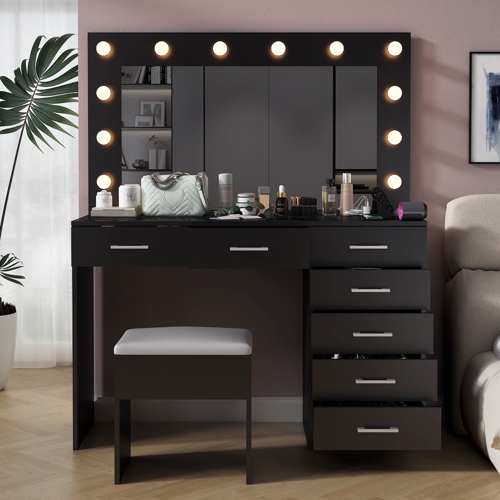 Ktaxon Large Makeup Vanity, Get Ready with Me GRWM Vanity Table Set w/ Visible Glass Top w/ Charging Station, White