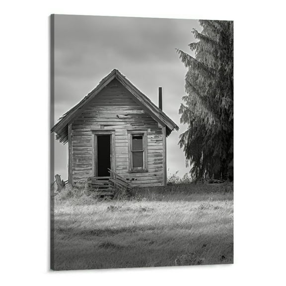 Creowell  Black and White Canvas Art Texas Farmhouse Picture Painting Countryside Barn Windmill Landscape Poster Artwork for Home Living Room Kitchen Wall Decoration Framed 16x20 Inch