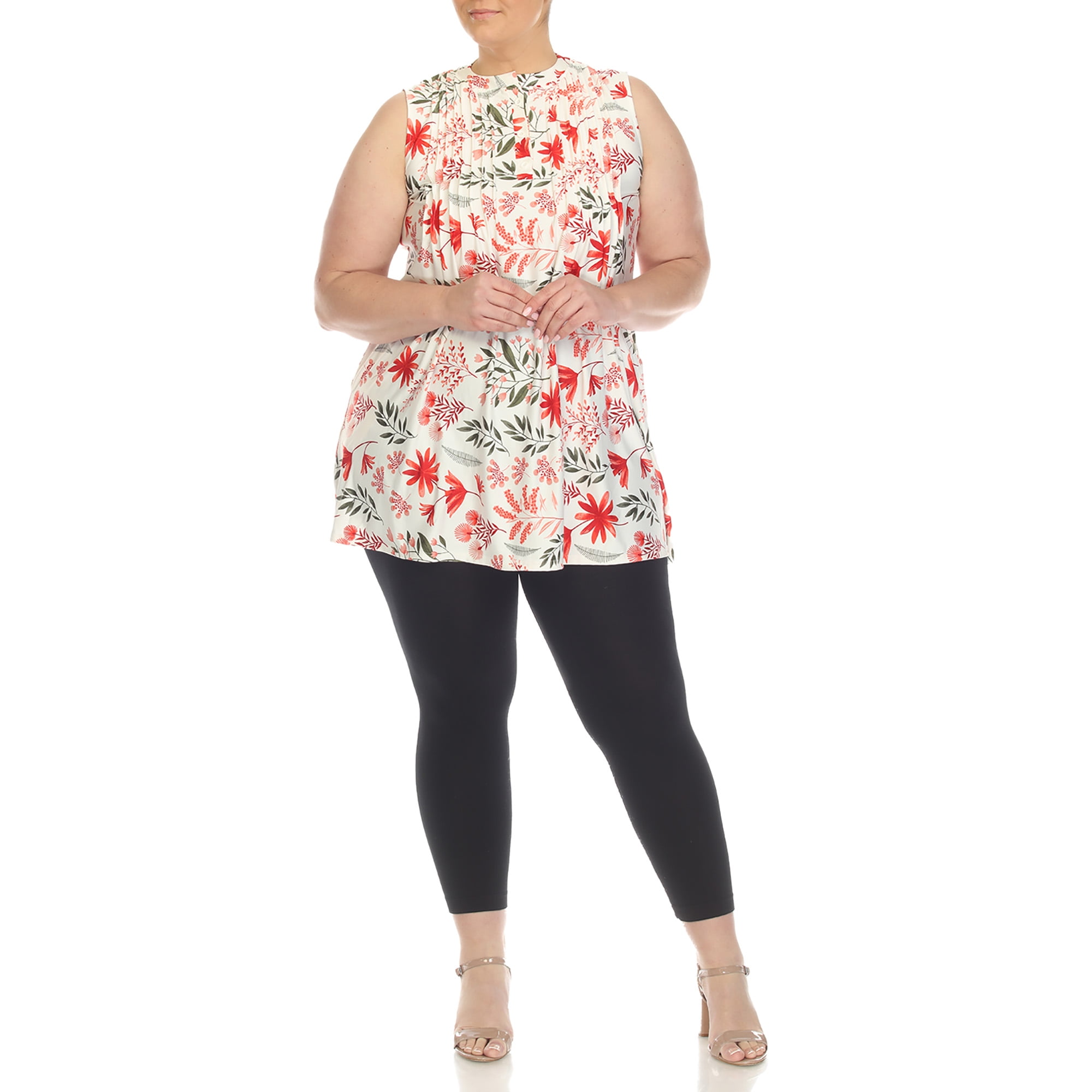 White Mark Women's Sleeveless Floral Pleated Tunic Top with Pockets