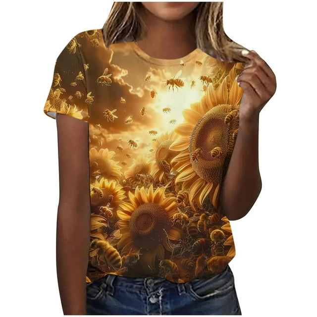 Tops de Ajuste Suelto para las Mujeres Sudadera Casual Impresa Manga Corta Cuello Redondo Superior, Poliéster