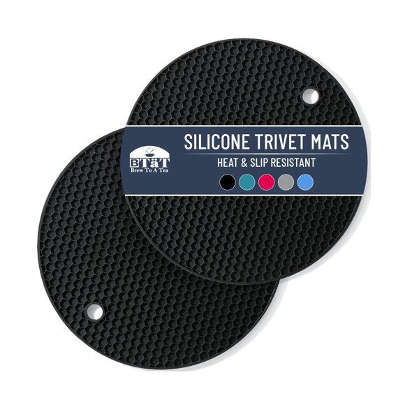 Btat Salvamanteles De Silicona, Paquete De 2, Salvamanteles De Silicona Redondos Negros Para Ollas, Sartenes Y Platos Calientes