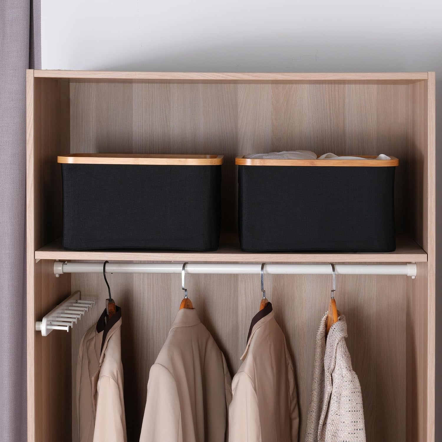 Storage Baskets for Organizing, Fabric Storage Bins with Bamboo Handles, Collapsible Storage Baskets for Shelves and Closet (Black, 16.2'' x 13'' x 9.1'')