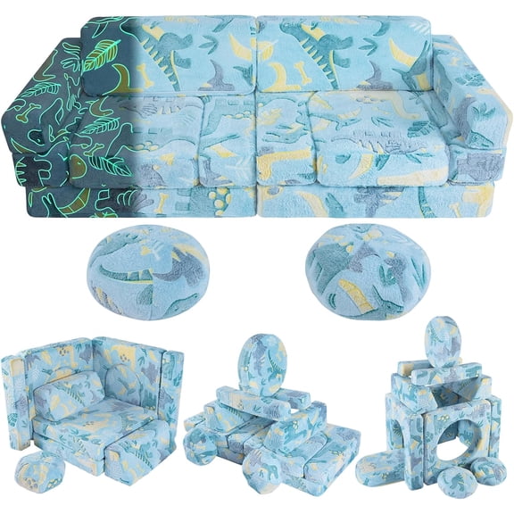13PCS Kids Play Couch, Foam Modular Kids Couch Sofa, Glowing Toddler Couch Convertible Baby Play Couch Children Sofa for Playroom Bedroom (Blue)
