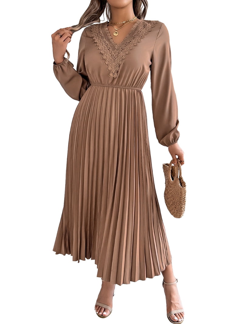 Women Fall Long Sleeve Dress Casual V Neck Pleated A Line Khaki S