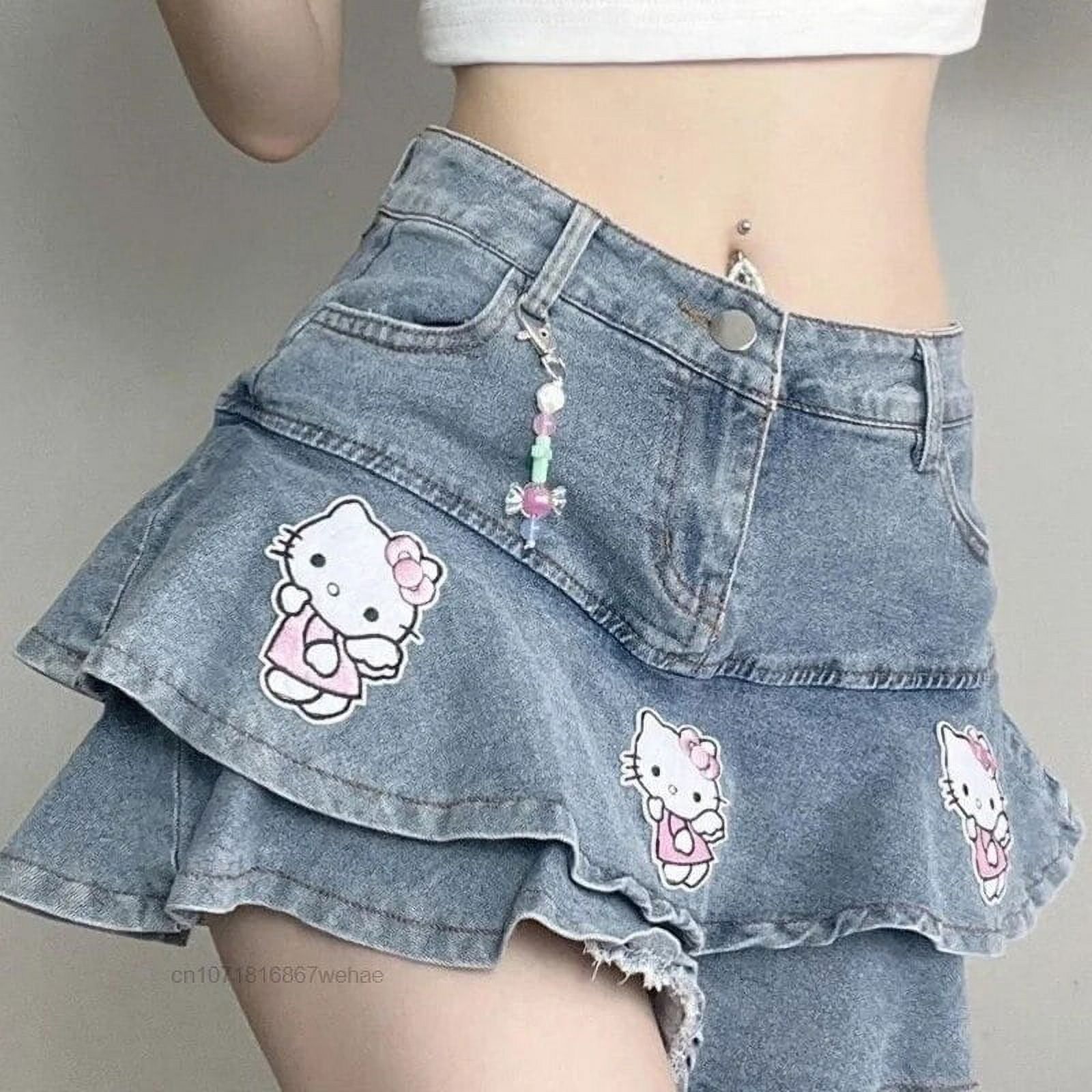 Sanrio Hello Kitty Sweet Women Short Denim Skirts Y2k Trend Girls Mini ...