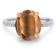 thumbnail image 3 of Gem Stone King 925 Silver and 10K Yellow Gold Brown Tiger Eye and White Lab Grown Diamond Engagement Ring for Women | 4.08 Cttw | Oval 12X10MM | Gemstone Birthstone | Size 9, 3 of 6