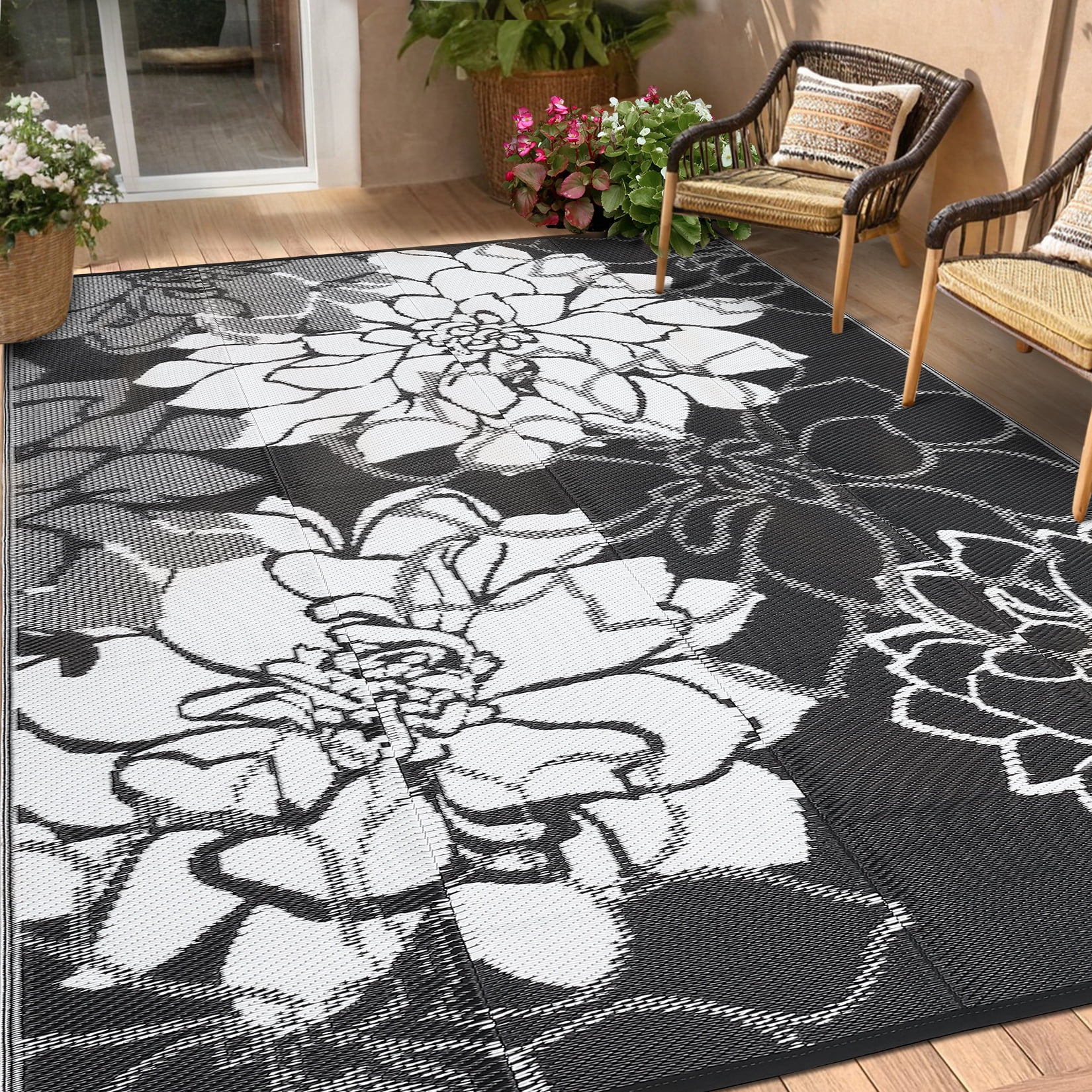 GlowSol 9'x18' Outdoor Rug Plastic Straw Rug Modern Floral Reversible Camping Mat Waterproof Foldable Rug for Camping Patio RV Balcony, Black/White