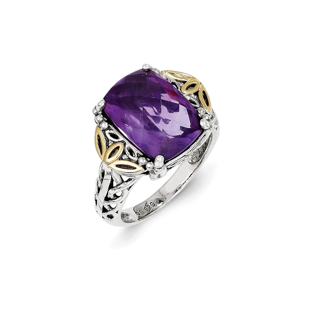 Mia Diamonds 925 Sterling Silver and 14k Yellow y Amethyst Cushion Ring