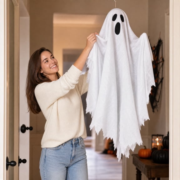 Spooky Halloween Porch Decor Ghost Hanging Decor, Vintage Halloween Decorations Outdoor Swinging Ghost, Halloween Ghost Decor Goth Accessories for Yard Garden Halloween Party Decorations