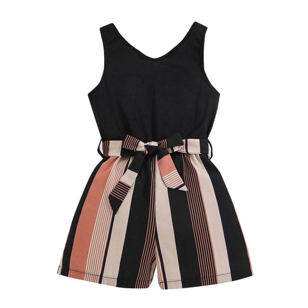 Gibobby Mono Bombachos Chaleco con estampado de rayas sin mangas de verano para niñas pequeñas, mono y cinturón, ropa informal(Negro, 7-8 Años)