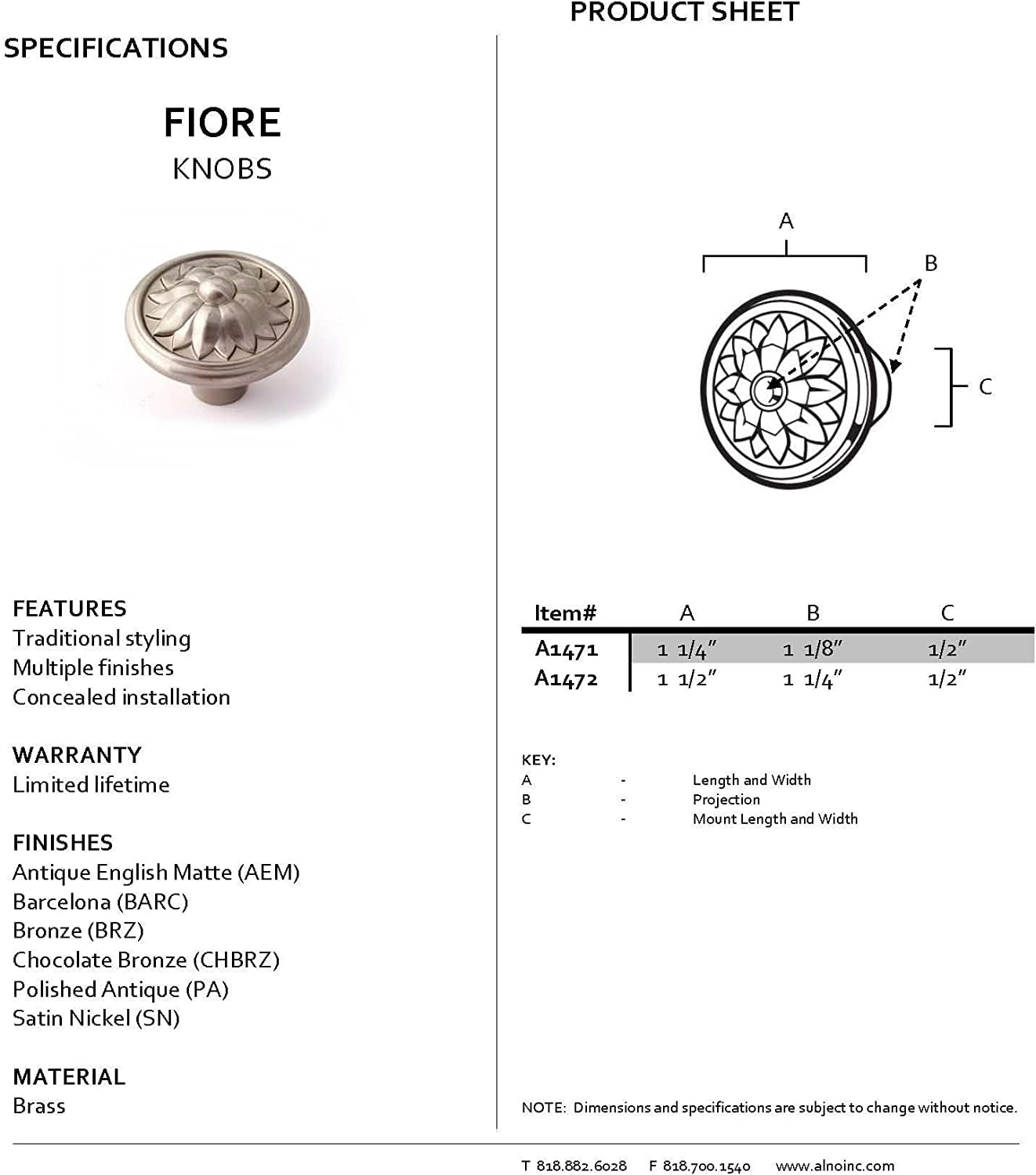 Alno A1472-BARC Fiore 1-1/2" Cabinet Knob Barcelona
