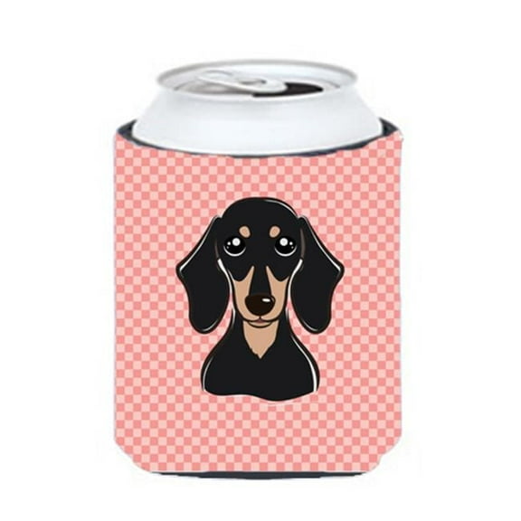 Checkerboard Pink Smooth Black And Tan Dachshund Can Or Bottle Hugger, 12 Oz.