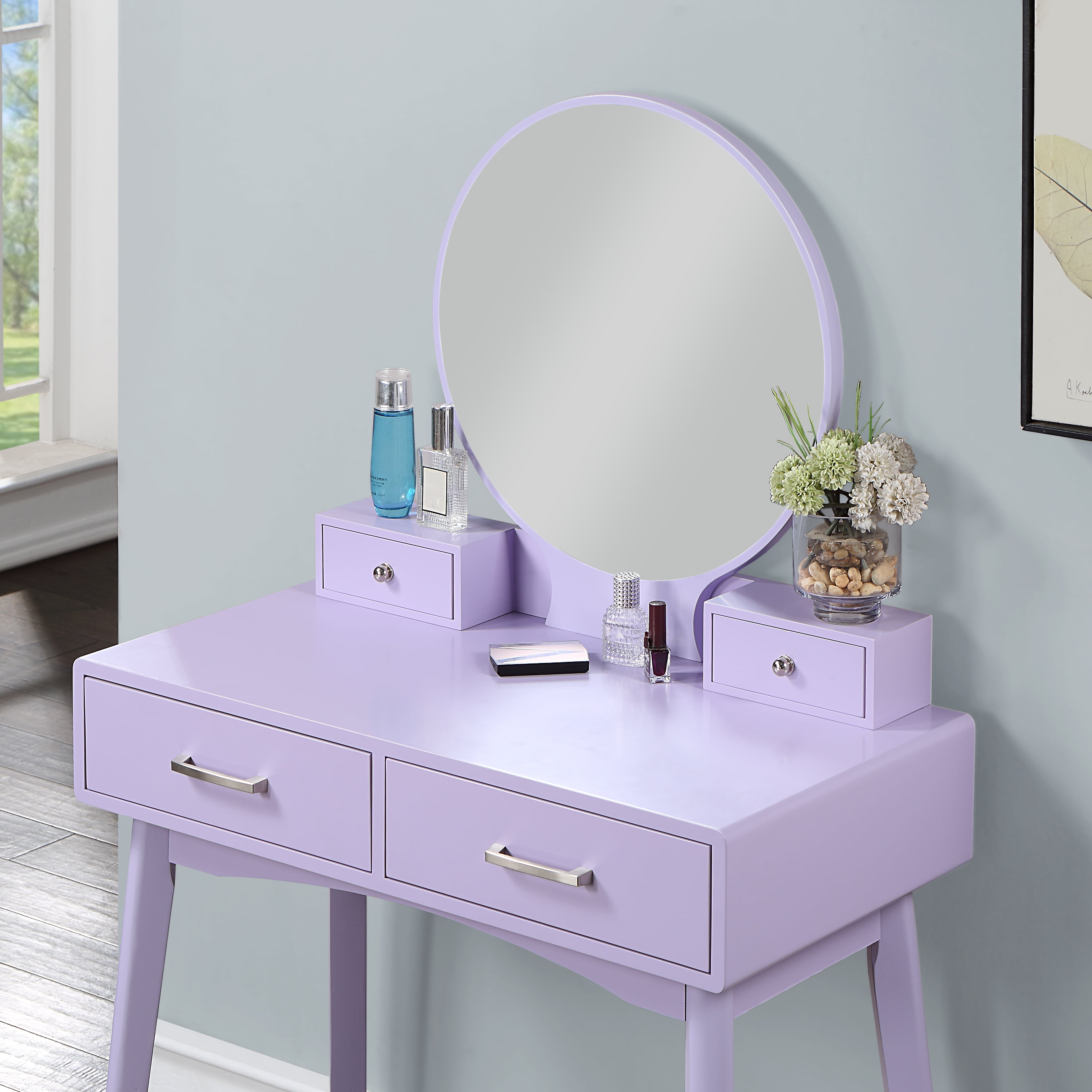 Mintazer Modern Vanity Table Set, Round Mirror Makeup Dressing Table with 4 Drawers & Upholstered Stool for Bedroom, Purple