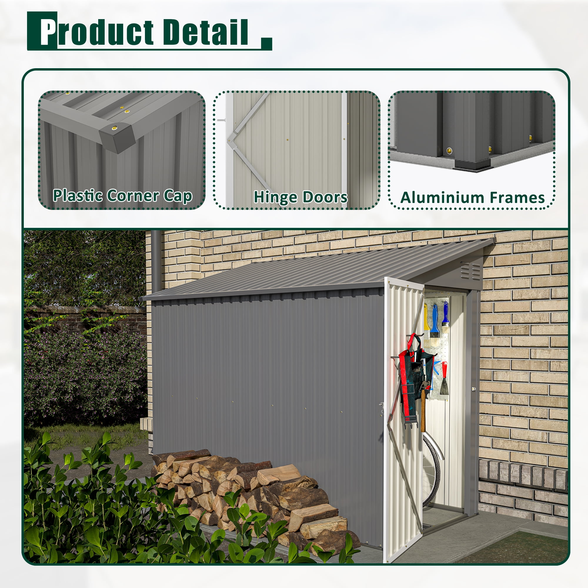 LZBEITEM 4 x 8 ft Outdoor Metal Storage Shed Lean to, Small Metal Wall Side Door Sheds & Garden Tool Shed with Galvanized Floor Frame Kit Lockable for Garden, Backyard, Gray, 95 x 48.82 x 75.7 inch