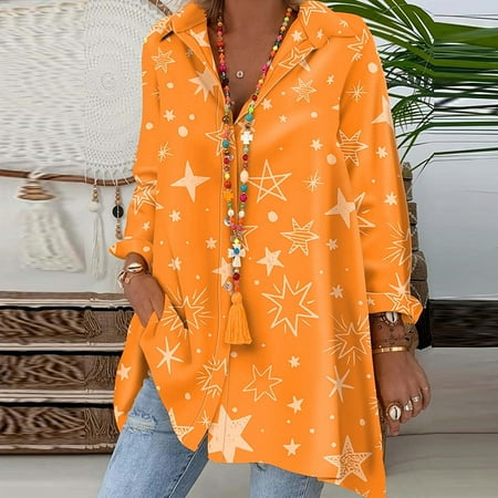 

Moxiu Women s Long Sleeve Star Print Blouse Fashion Button Down Loose Lapel Casual V Neck Comfy Tunic Shirts Tops