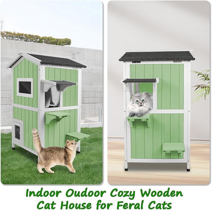Gowoodhut Outdoor  House for Cats,Outside Feral Cats Shelter,Indoor Cat House,2 Story Wooden Kitten Cage with Weatherproof & Openable Roof, Escape Door,Removable Floors