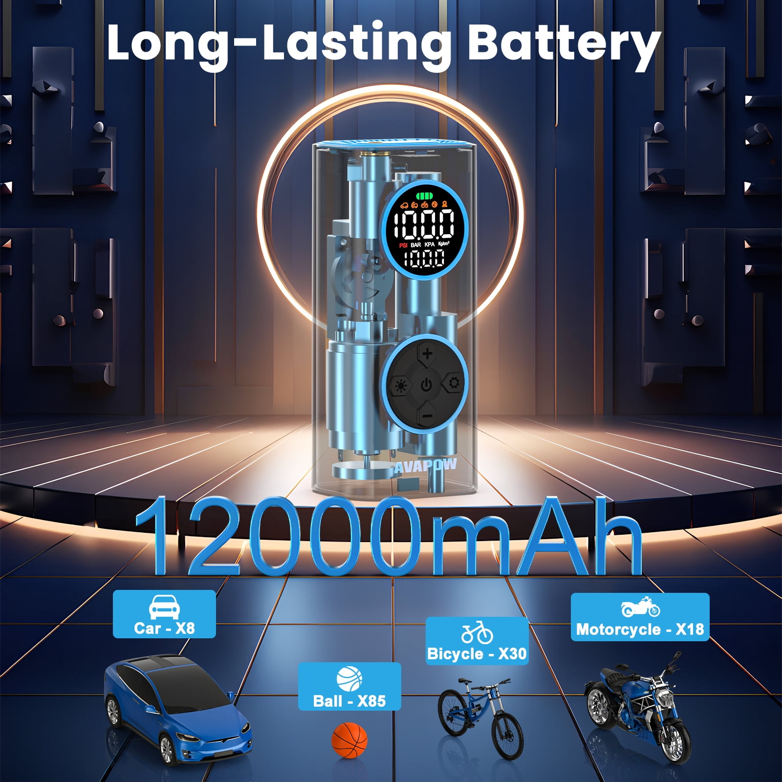 AVAPOW Tire Inflator, Portable Air Compressor 150PSI, Cordless Air Pump for Car Tires with Digital Gauge, Auto Shut-Off, for Car, Bike, Motorcycle Balls