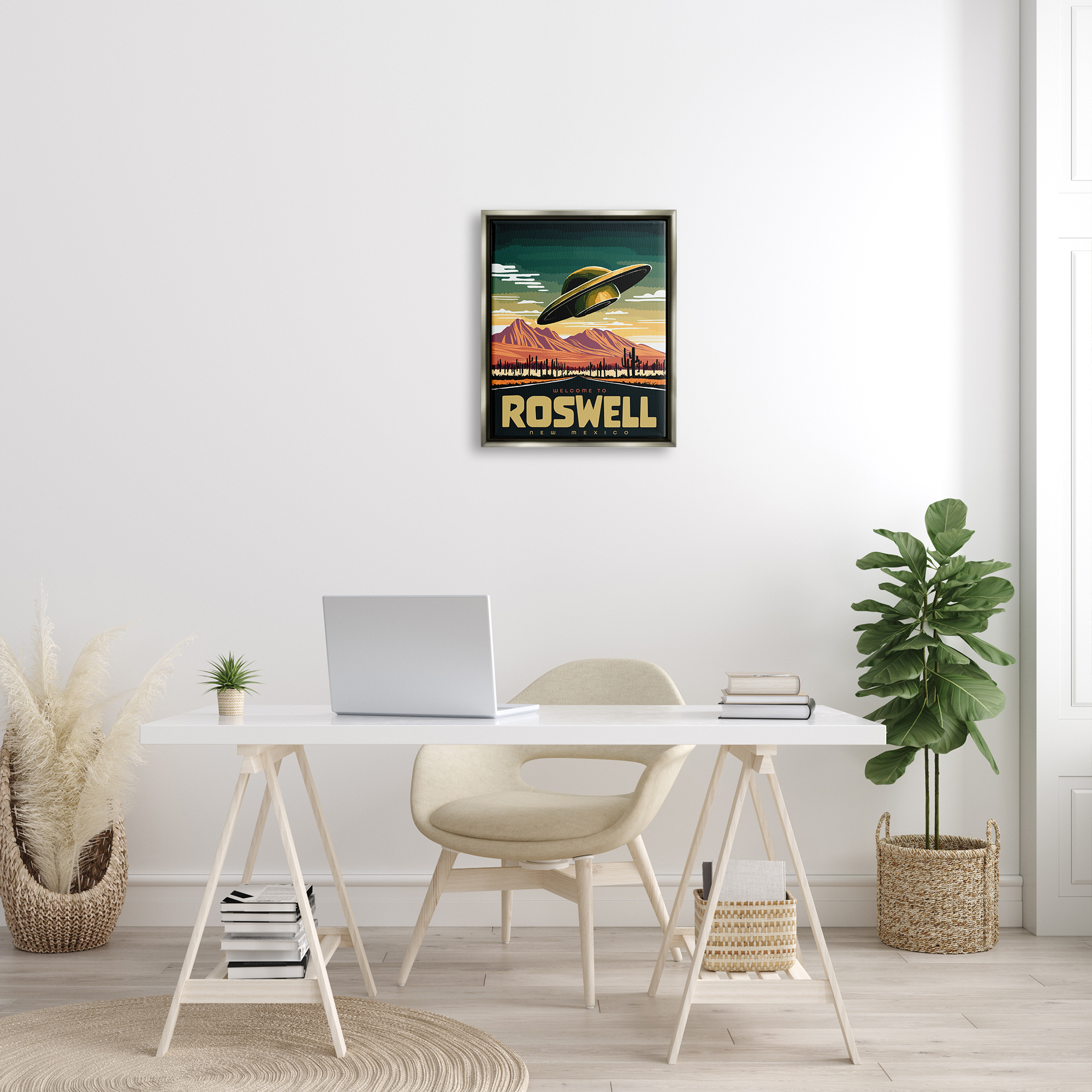 Stupell Industries Welcome Roswell New Mexico UFO Travel & Places Painting Gray Floater Framed Art Print Wall Art