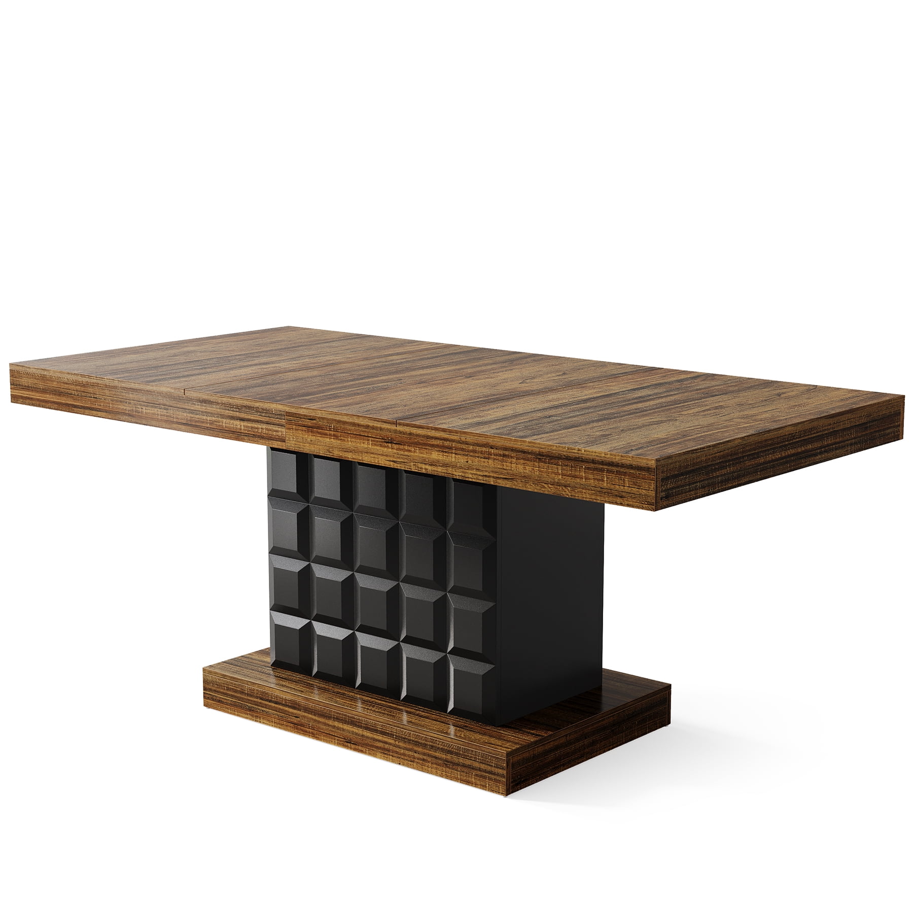 Fnova 63" Farmhouse Dining Table for 4-6 People, Wooden Rectangular Kitchen Table with Geometric Relief Pedestal Base, Easy to Assemble