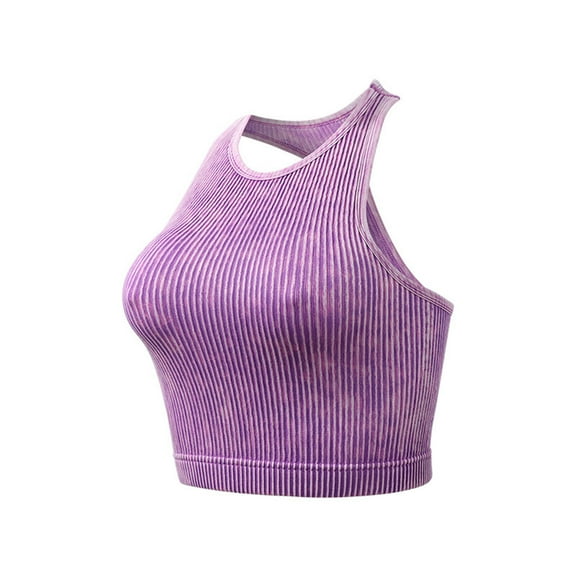 Mrat Cotton Support Wirefree Bra Ribbed Tank Tops for Women 2024 Seamless Rib-Knit Camisole Strappy Racerback Cropped Tank Tops Push up Bra S-9 Purple L