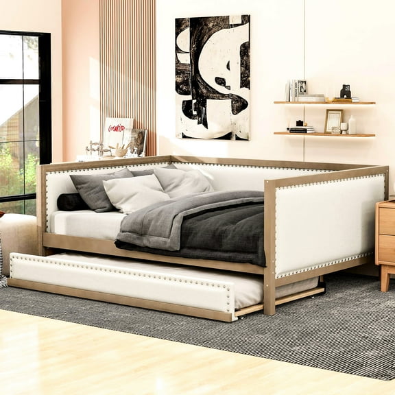 Full Daybed With Trundle, Linen Upholstery, Wood Construction Modern Upholstered Linen, Strong