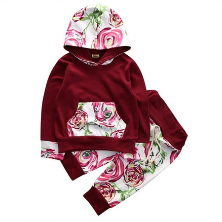 

2pcs set Infant Baby Girls Clothes Hoodie Long Sleeve Tops T-shirt+Cotton Pants Floral Outfit Set