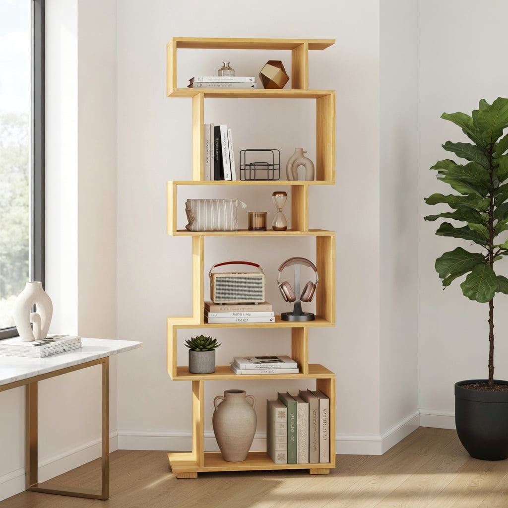 GVN 6-Tier Geometric Open Bookshelf Stylish Modern Display Bookcase with 2 Anti-Tipping Kits Stable Structure for Home Office Study Living Room Storage Furniture, Wood