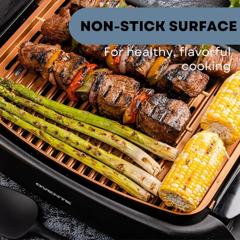 OVENTE Electric Indoor Grill with 13x10 Inch Non-Stick Cooking Surface,  1000W Fast Heat Up Power, Adjustable Temperature, Removable and Dishwasher  Safe Grilling Plate and Drip Tray, Copper GD1632NLCO 