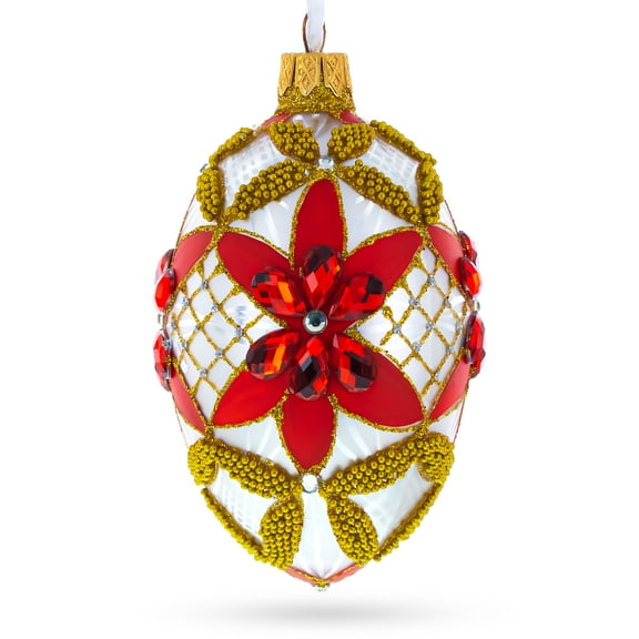 Red Jeweled Stars on White Glass Egg Ornament 4 Inches