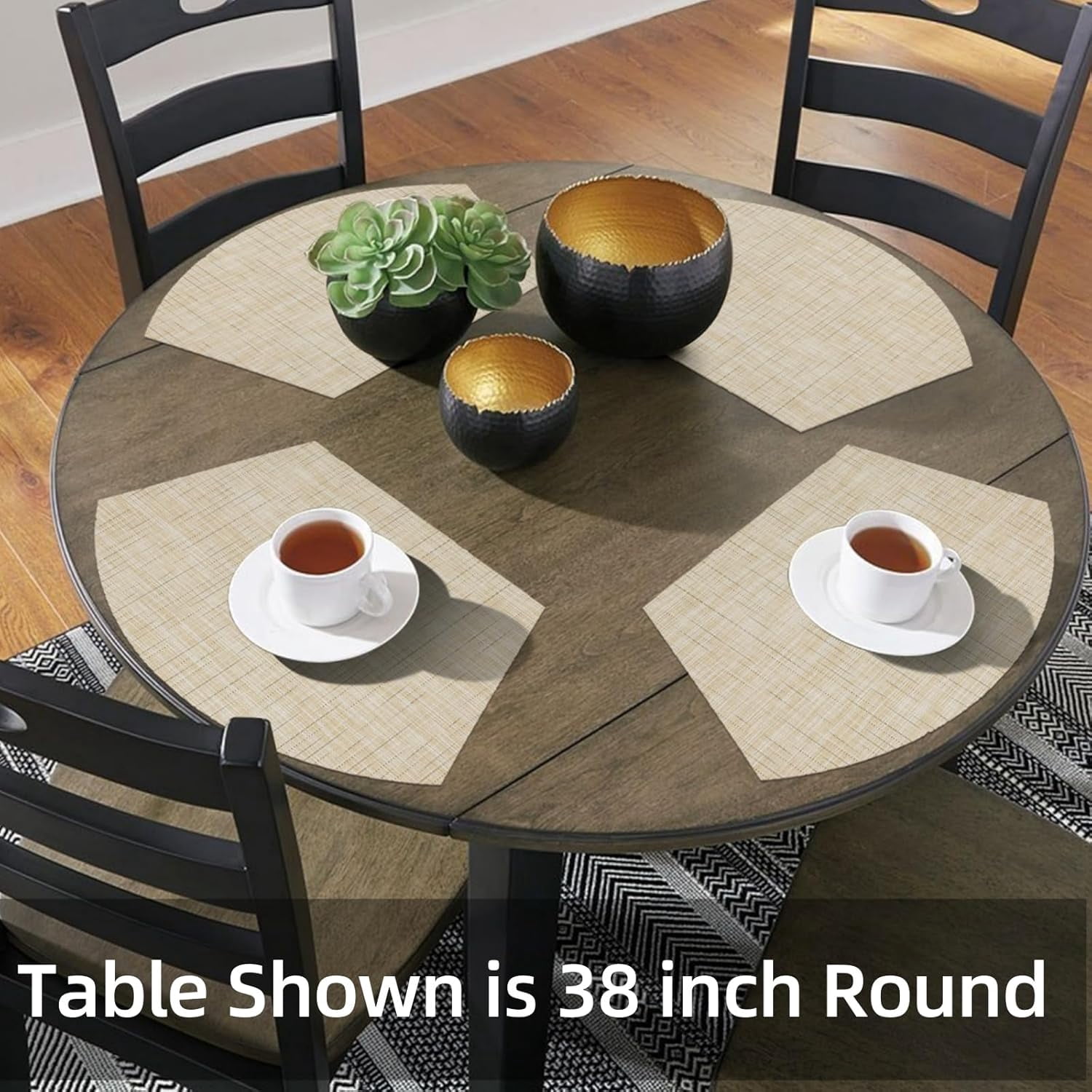 Round Table Placemats Set of 4 Wedge Shape Placemat Woven Vinyl Place Mats Heat Resistant Wipe Clean Dining Table Mats Home Table Decor (4, Tan)