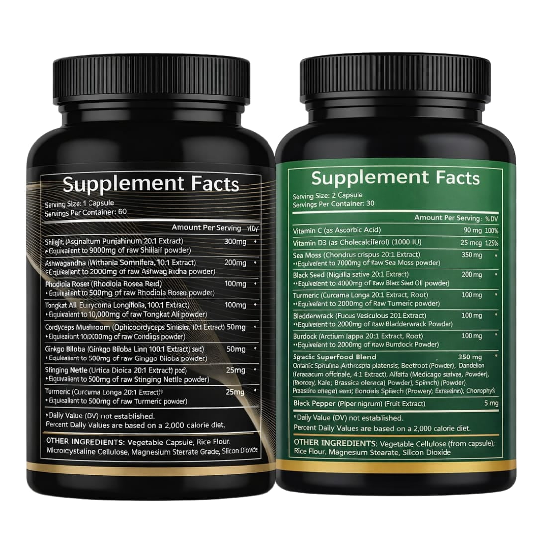 Premium Shilajit & Sea Moss Capsules Combo Pack with Ashwagandha, Turmeric, Black Seed Oil, Irish Sea Moss Blend, 30 Servings