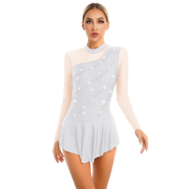Hansber Robe de Patinage Artistique pour Femmes avec Strass Brillants Robe de Danse Moderne Contemporaine Blanche TG
